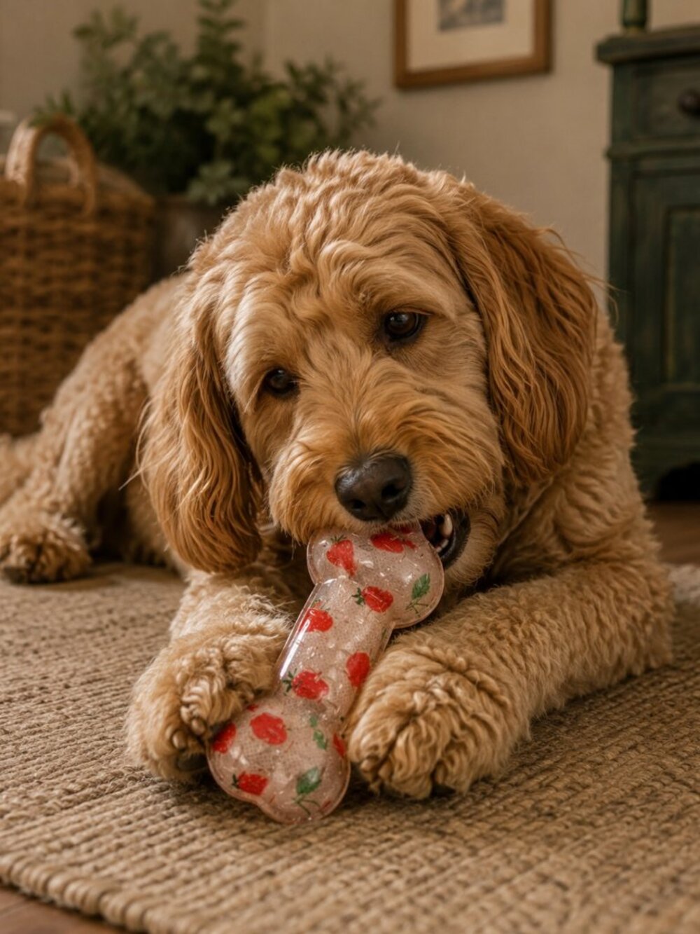 NWT - WOOF Strawberry Cherry Dog Squeaker TPR Bone Toy